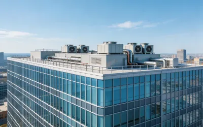 modern commercial office building with HVAC systems on rooftop