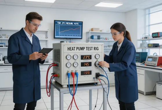 modern R&D laboratory with heat pump testing equipment and engineers
